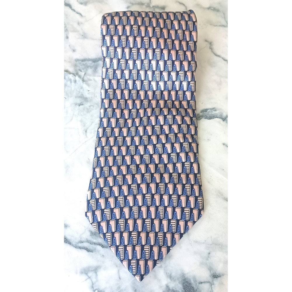 Stafford Silk Tie Men OS Navy Blue Peach Geometric Made in Italy Art Deco Office